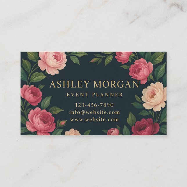 Elegant Dark Floral Business Card with Roses  Visitkort (Framsida)