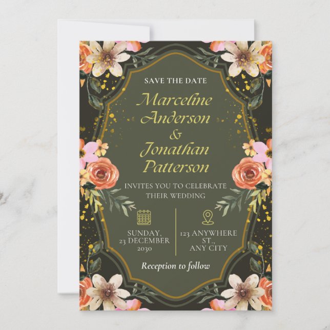 Elegant Dark Floral Wedding Invitation Card Inbjudningar (Framsida)