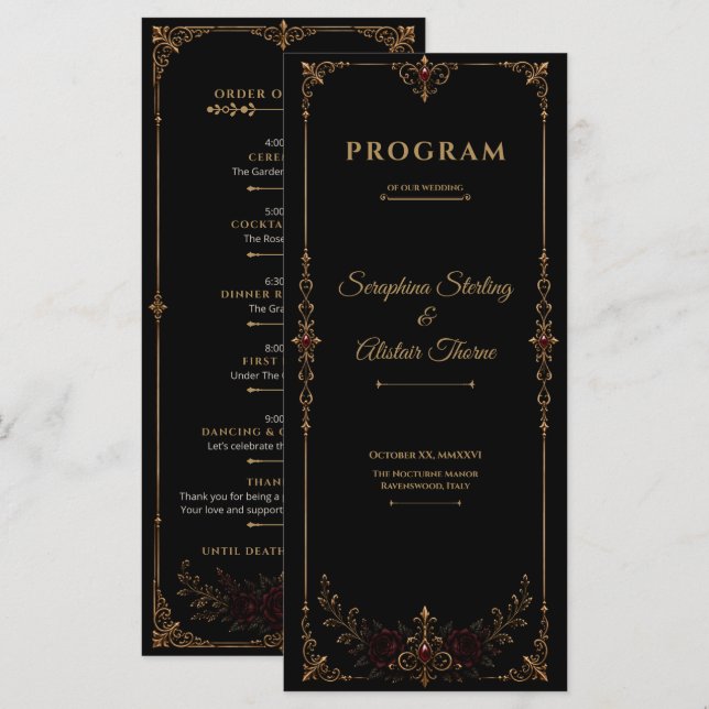 Elegant Dark Gothic Wedding Program (Fram/baksida)