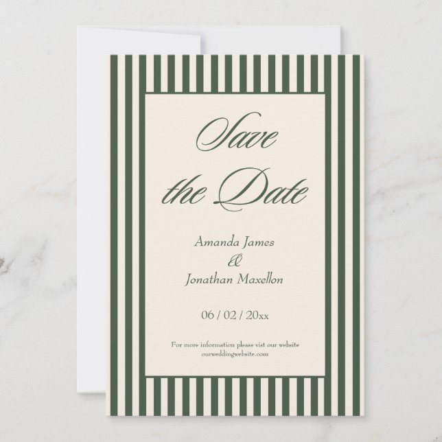 Elegant Dark Green and Cream Stripes Save the Date Inbjudningar (Framsida)