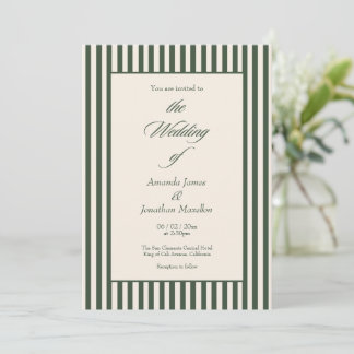 Elegant Dark Green Cream Vertical Stripes Wedding Inbjudningar