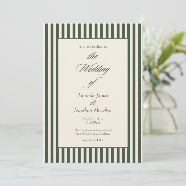 Elegant Dark Green Cream Vertical Stripes Wedding Inbjudningar (Stående Fram)