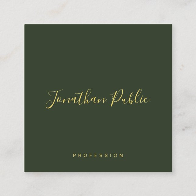 Elegant Dark Green Gold Text Calligraphy Glossy Fyrkantigt Visitkort (Framsida)