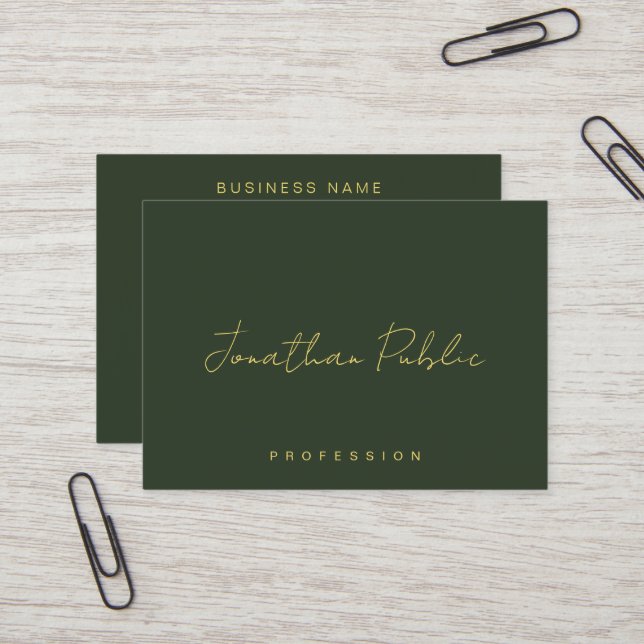 Elegant Dark Green Hand Script Gold Text Trendy Visitkort (Fram/Back In Situ)