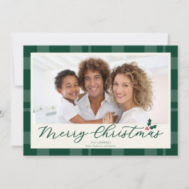Elegant Dark Green Plaid Merry Christmas Photo Julkort