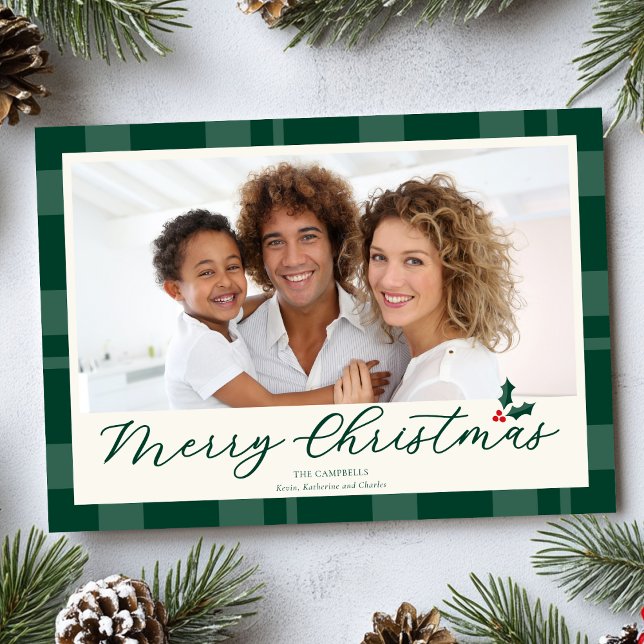Elegant Dark Green Plaid Merry Christmas Photo Julkort (Skapare uppladdad)