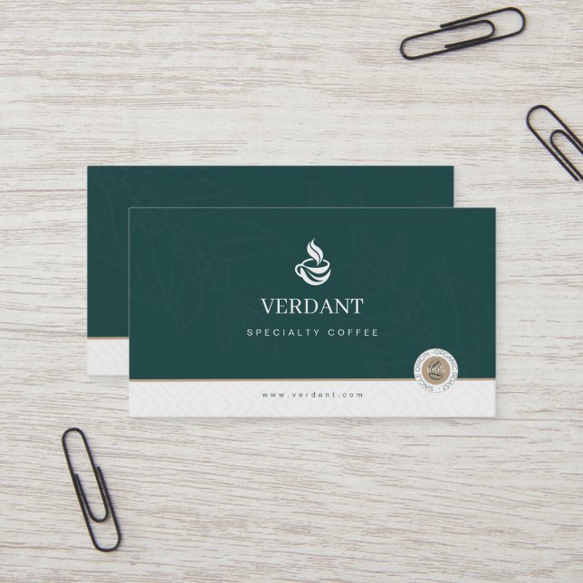 Elegant Dark Green Specialty Coffee business card Visitkort (Fram/Back In Situ)