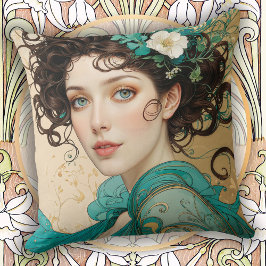 Elegant Dark Haired Art Nouveau Woman Kudde
