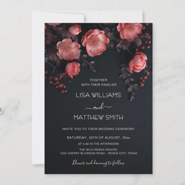 Elegant Dark Moody 3D Roses Wedding Inbjudningar (Framsida)