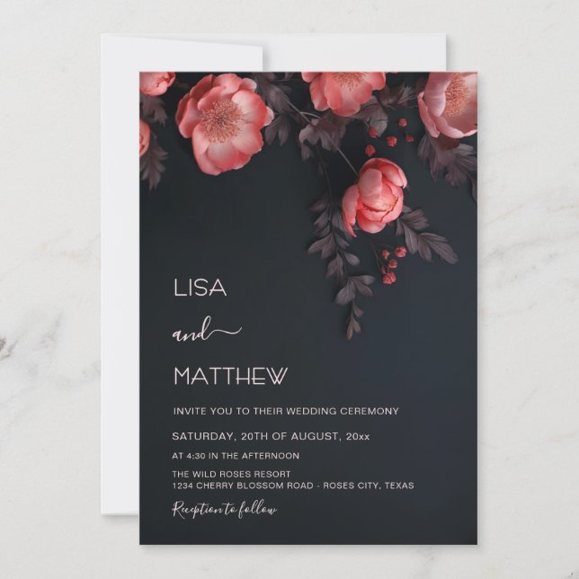 Elegant Dark Moody 3D Roses Wedding Inbjudningar (Framsida)