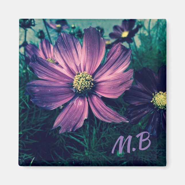 Elegant Dark Purple Blommor Foto Art Monogram Magnet (Framsidan)