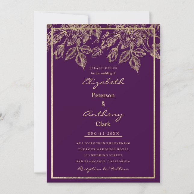 Elegant dark purple gold luxury floral Wedding Inbjudningar (Framsida)