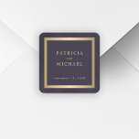 Elegant dark purple gold personalized wedding  fyrkantigt klistermärke<br><div class="desc">Modern classic dark purple and faux gold minimalist typography custom wedding favor or envelope seal stickers on a vintage style antique distressed-looking background with faux metallic frame.             Matching wedding stationery is available in the collection.</div>
