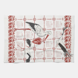 Elegant Dark Red Alsatian Folk Stork 2026 Calendar Kökshandduk