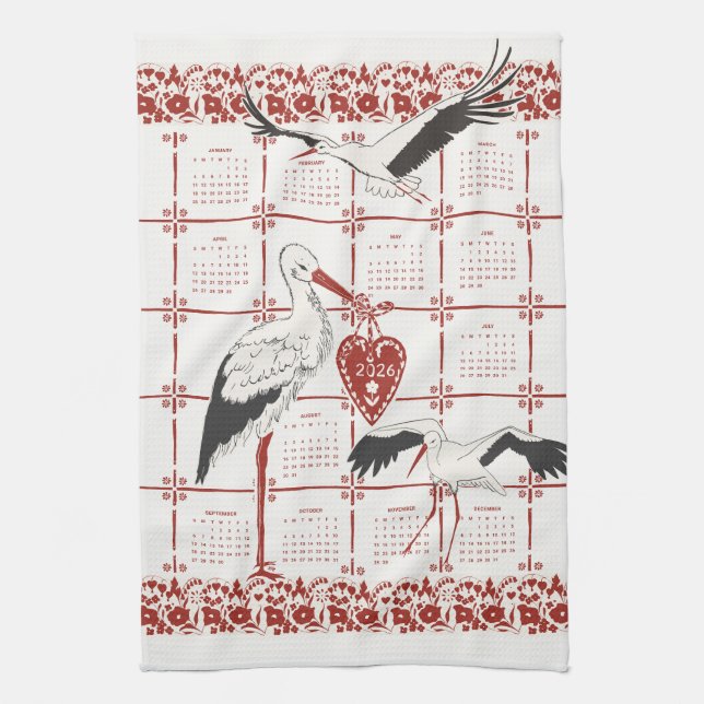 Elegant Dark Red Alsatian Folk Stork 2026 Calendar Kökshandduk (Vertikal)