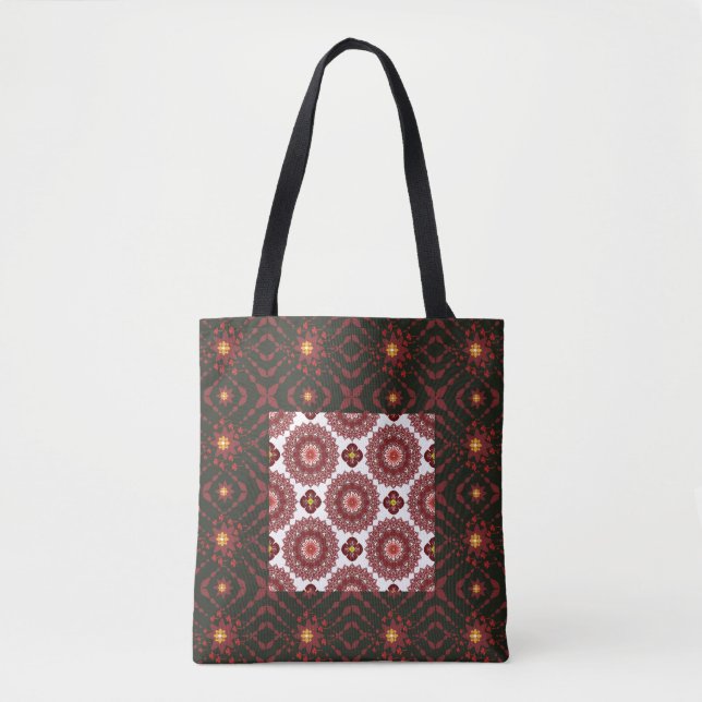 Elegant Dark Red Geometric Mandala Tote Bag – Arti Tygkasse (Framsida)