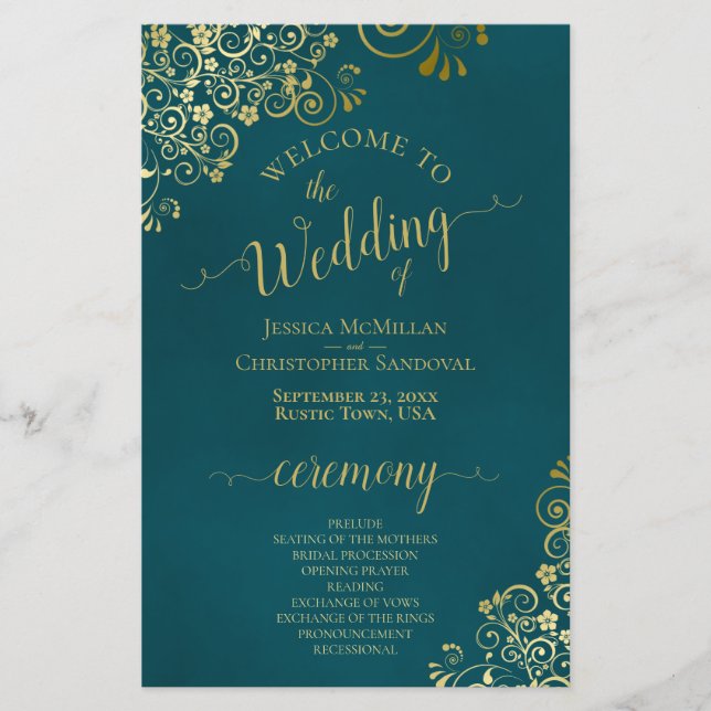 Elegant Dark Teal & Gold Budget Wedding Program (Framsida)