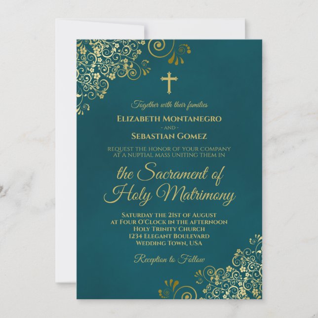 Elegant Dark Teal & Gold Modern Catholic Wedding Inbjudningar (Framsida)