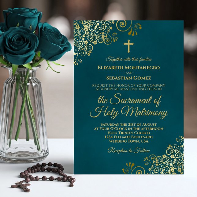 Elegant Dark Teal & Gold Modern Catholic Wedding Inbjudningar (Skapare uppladdad)