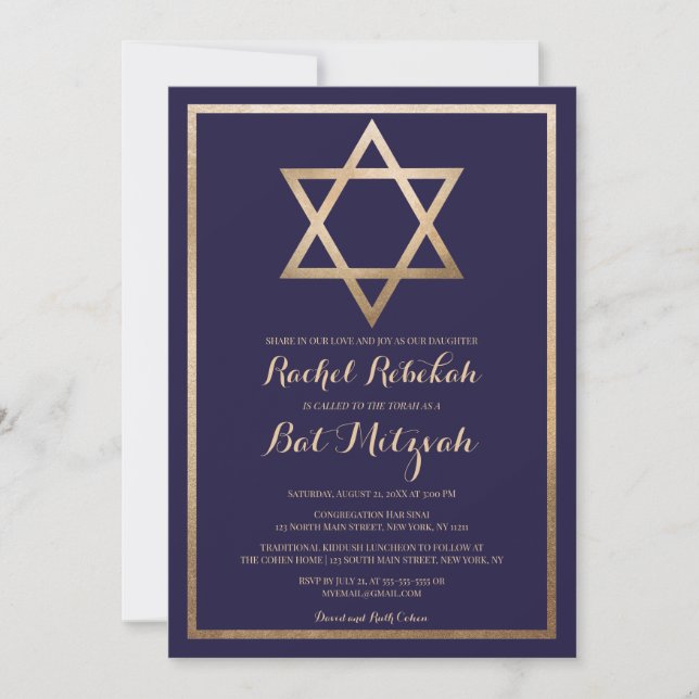 Elegant David-stjärnan: Modern Bat mitzvah Inbjudningar (Framsida)