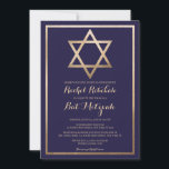 Elegant David-stjärnan: Modern Bat mitzvah Inbjudningar<br><div class="desc">Fira ditt barns speciella dag med vår moderna och elegant bat mitzvah inbjudan. Utformningen har en faux tryckt guld-folie-Star av David och gräns, som ställs in mot en enkel marin blå bakgrund med ornerad kursiv typografi. Denna chic, söt, minimalistiska och regala inbjudan är perfektens val att högtidlighålla denna viktiga händelse...</div>