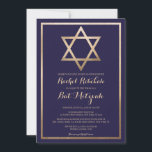 Elegant David-stjärnan: Modern Bat mitzvah Inbjudningar<br><div class="desc">Fira ditt barns speciella dag med vår moderna och elegant bat mitzvah inbjudan. Utformningen har en faux tryckt guld-folie-Star av David och gräns, som ställs in mot en enkel marin blå bakgrund med ornerad kursiv typografi. Denna chic, söt, minimalistiska och regala inbjudan är perfektens val att högtidlighålla denna viktiga händelse...</div>