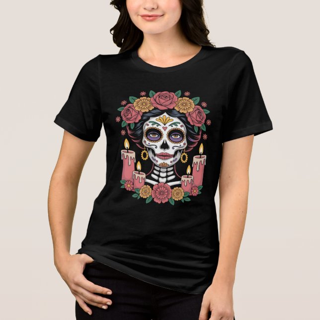 Elegant Day of the Dead Sugar Skull Woman T Shirt (Framsida)