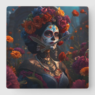 Elegant Day of the dead Vibrant Färgad Clock Fyrkantig Klocka