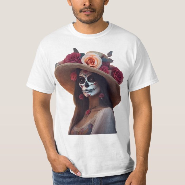 Elegant Day of the dead Woman med Blommigt Hat T Shirt (Framsida)
