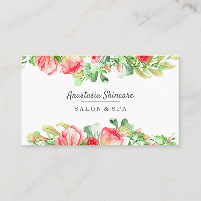 Elegant Day Spa och Salon Rosa Flowers vattenfärg Visitkort (Framsida)