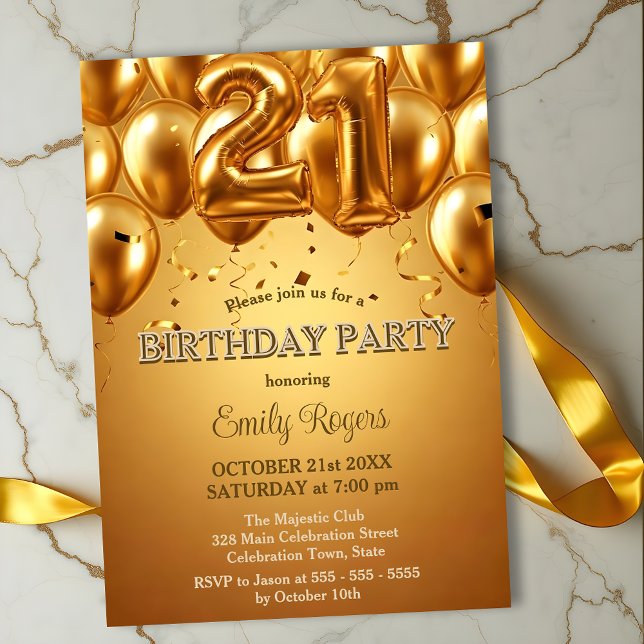 Elegant Dazzling Gold Foil Balloons 21:a födelseda Inbjudningar (Skapare uppladdad)