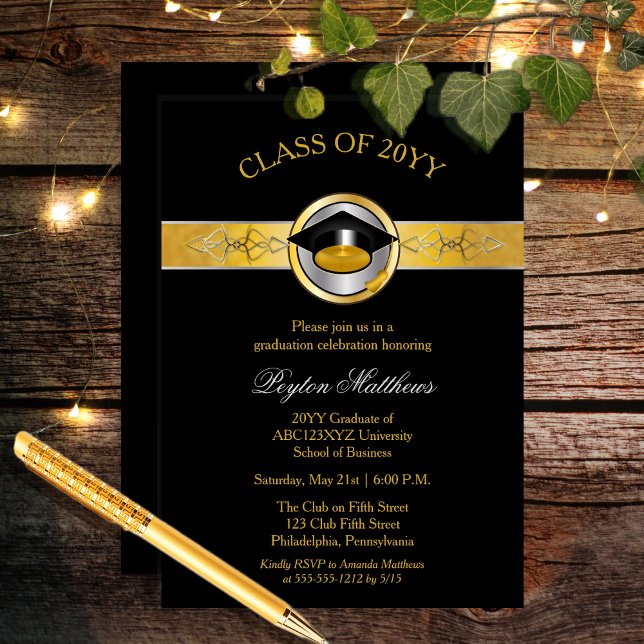 Elegant De moderna Inbjudningskorten Guld Universi Inbjudningar (Elegant Modern Gold Tone College or University Graduation Invitation -- Print and/or Download)