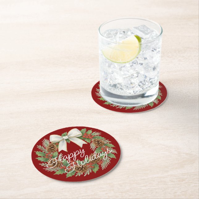 Elegant decemberkrans med vit slinga Holiday Underlägg Papper Rund (Insitu)