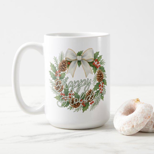 Elegant decemberkrans med vit slinga semester kaffemugg (Med munk)