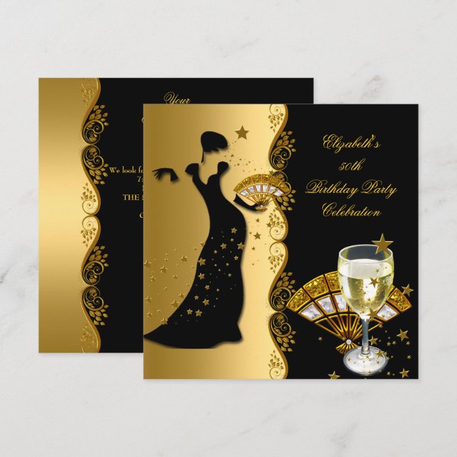 Elegant Deco Dam 50:e Födelsedagsfesten Guld Black Inbjudningar (Fram/baksida)
