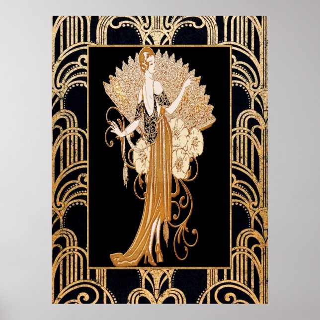 Elegant Deco Dam med Fläkt Poster (Framsidan)