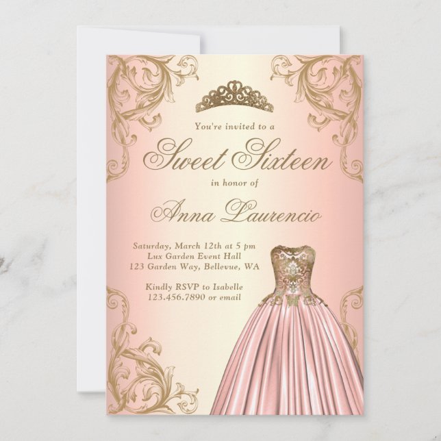 Elegant Decorative Ro Guld Sweet 16 Inbjudningar (Framsida)
