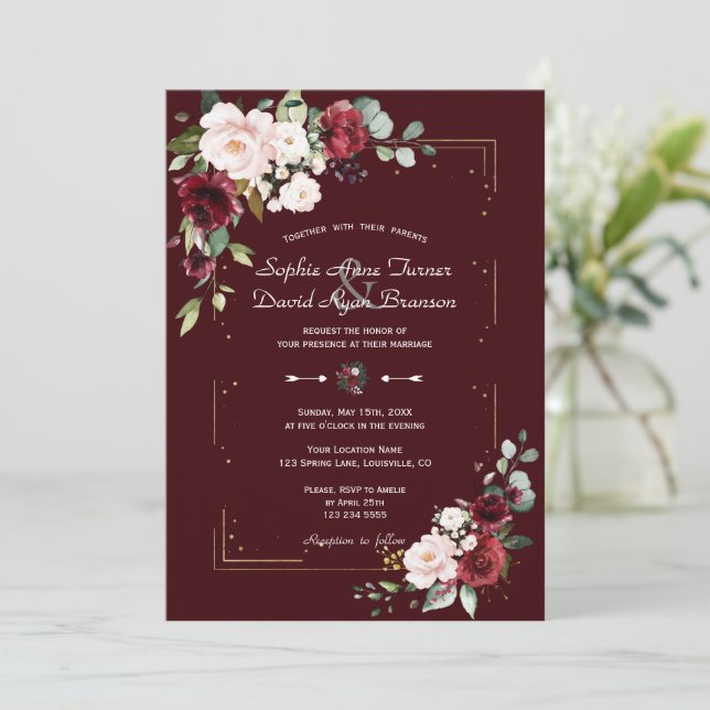 Elegant Deep Burgundy Blush Flowers Gold Wedding  Inbjudningar (Stående Fram)