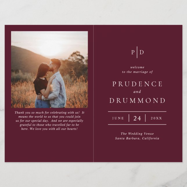 Elegant Deep Burgundy Classic Wedding Program (Framsidan)