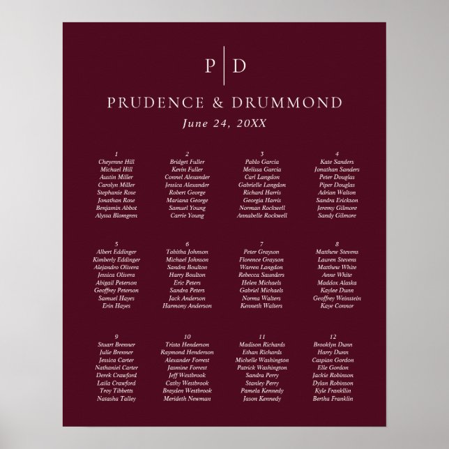 Elegant Deep Burgundy Wedding Seating Chart Poster (Framsidan)