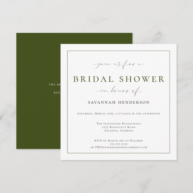 Elegant Deep Green Bridal Shower Classic Inbjudningar (Fram/baksida)
