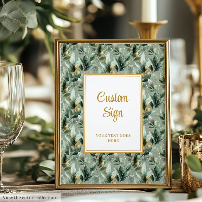 Elegant Deep Grönt Guld Eucalyptus Bröllop Anpassn Poster (Elegant Deep Green Gold Eucalyptus Custom Sign)