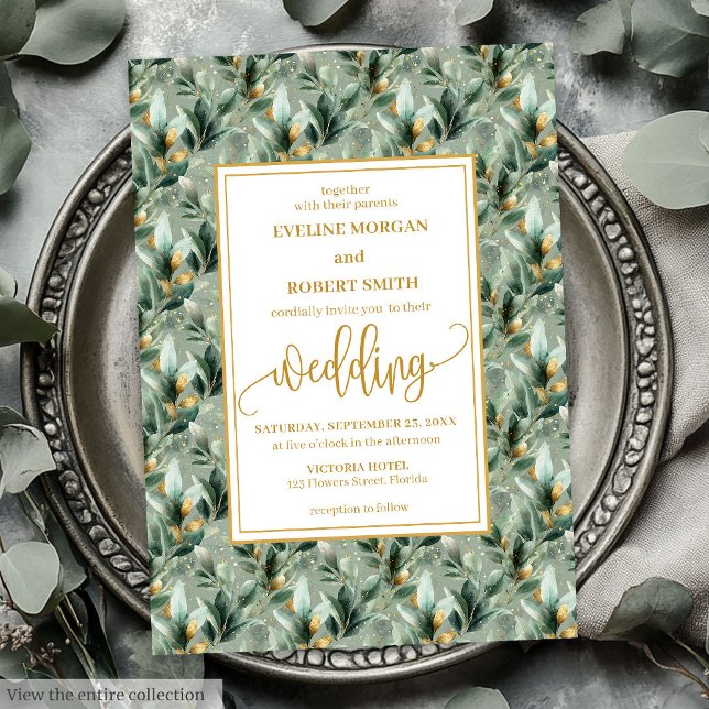 Elegant Deep Grönt Guld Eucalyptus Bröllopsinbjudn Inbjudningar (Elegant Deep Green Gold Eucalyptus Wedding Invitation)