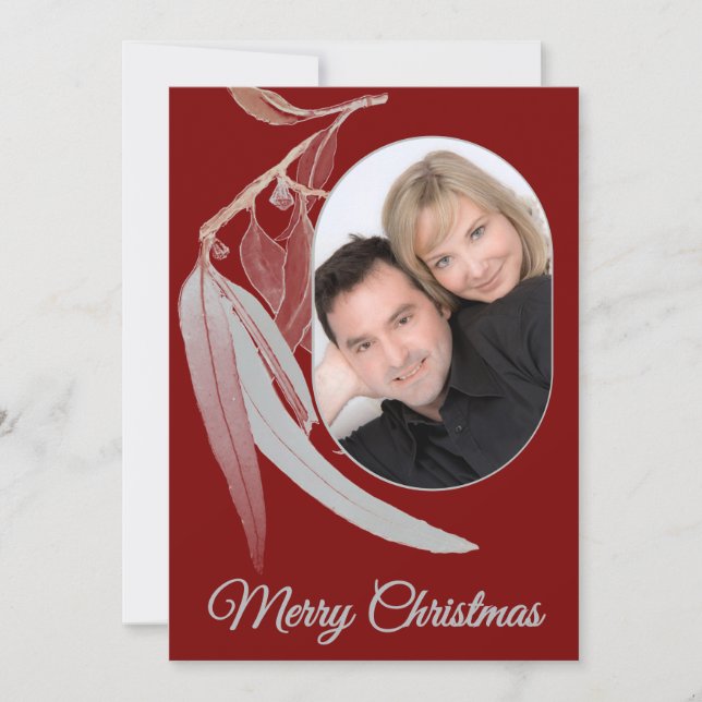Elegant Deep Red Eucalyptus Löv Photo jul Julkort (Framsida)