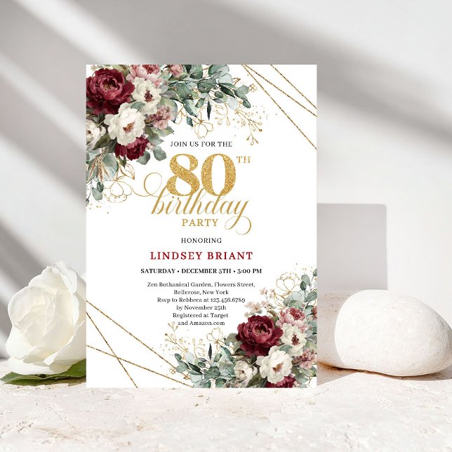 Elegant Deep Red Floral 80th Birthday Invitation Inbjudningar (Elegant Deep Red Floral 80th Birthday)