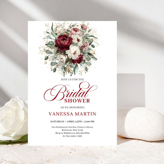Elegant Deep Red Floral Bridal Shower Invitation Inbjudningar (Elegant Deep Red Floral Bridal Shower Invitation)