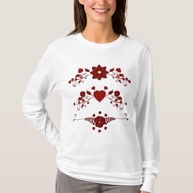 Elegant Deep Red Floral Flourish T Shirt (Framsida)