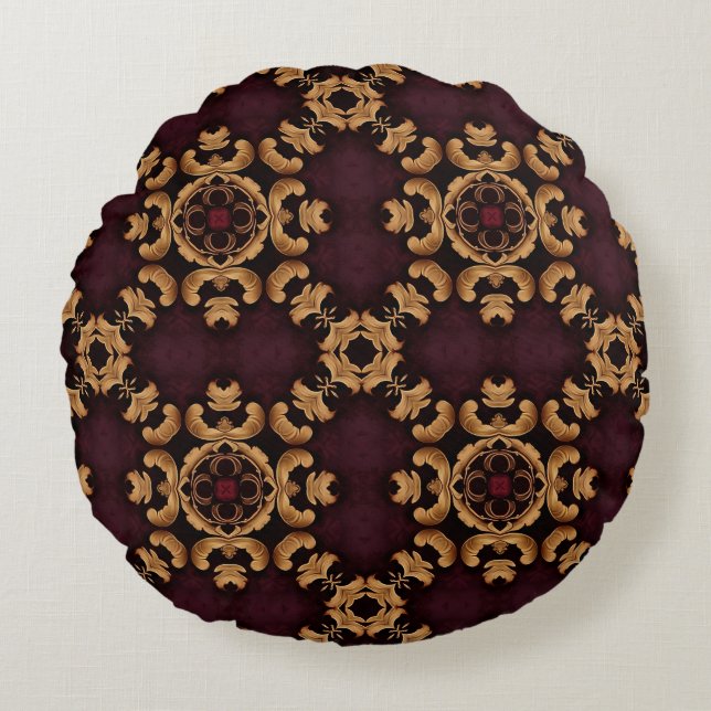 Elegant deep red gold arabesque pattern rund kudde (Framsidan)