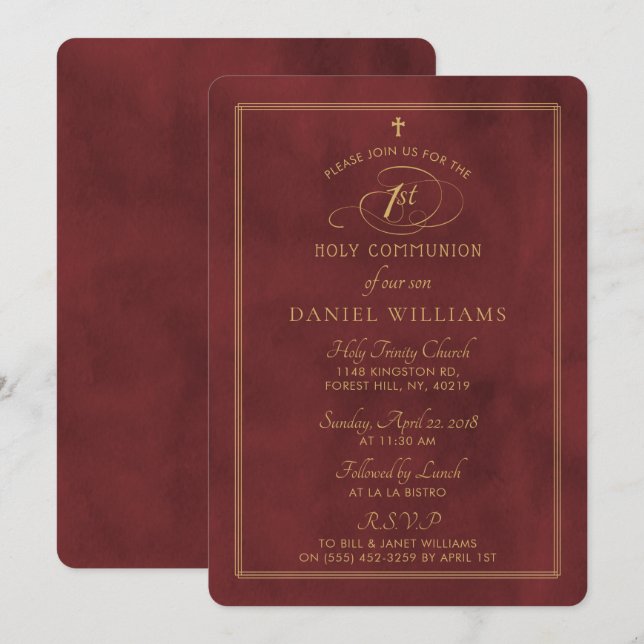 Elegant Deep Red & Guld Script 1:a Heligan Communi Inbjudningar (Fram/baksida)