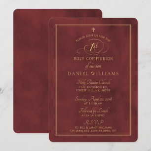 Elegant Deep Red & Guld Script 1:a Heligan Communi Inbjudningar